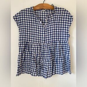 Apuntob Top Women’s Medium 100% Linen Blue and White Gingham Made in Italy